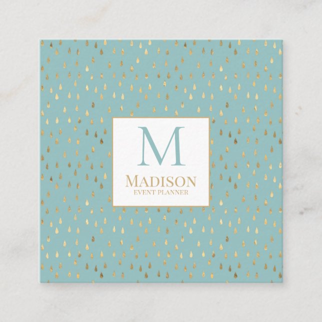 Aqua Guld RainDrop Modern Trendig Monogram Fyrkantigt Visitkort (Framsida)