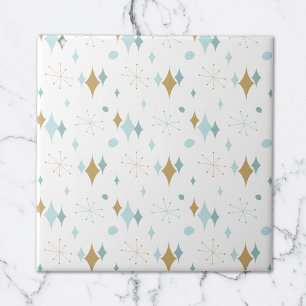 Aqua, Guld Starburst Mid Century Mönster Kakelplatta