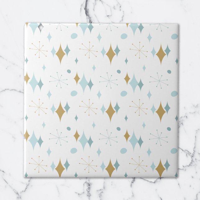 Aqua, Guld Starburst Mid Century Mönster Kakelplatta (Skapare uppladdad)