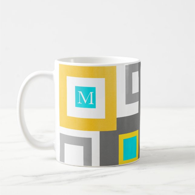 Aqua Gult Grått White Geometric Färg Block Kaffemugg (Vänster)