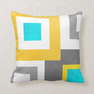 Aqua Gult Grått White Geometric Squares Kudde