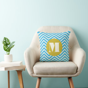 Aqua Gult Ivory Monogram Modern Zig Zag Pillow Kudde