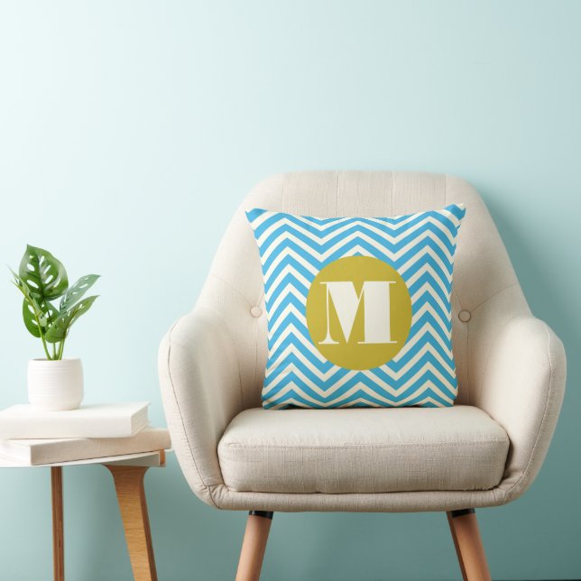 Aqua Gult Ivory Monogram Modern Zig Zag Pillow Kudde (Stol)