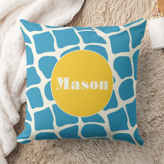 Aqua Gult Monogram Giraffe Mönster Pillow Kudde (Filt)