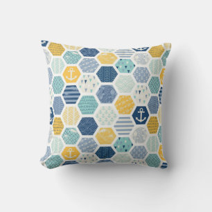 Aqua Gult Nautical Coastal Tiles Mönster Kudde
