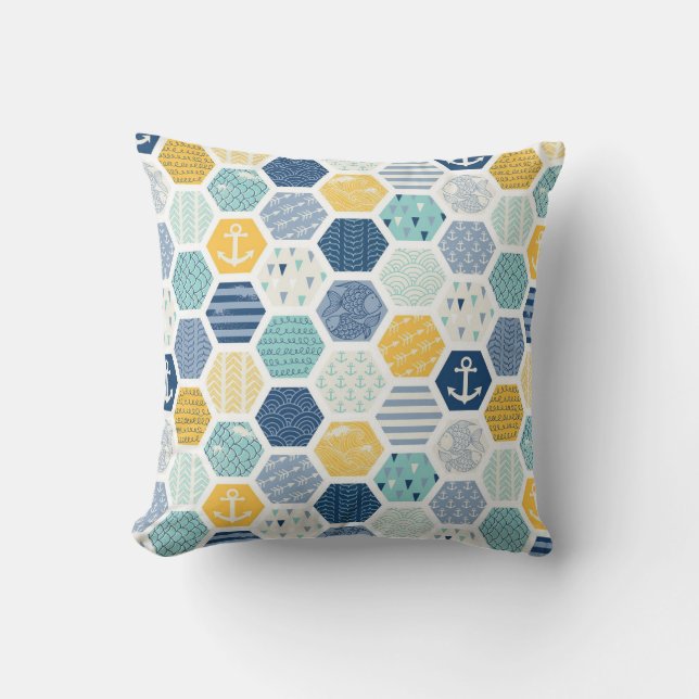 Aqua Gult Nautical Coastal Tiles Mönster Kudde (Framsida)