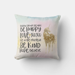 Aqua Gult Rosa Watercolor Inspirational Unicorn Kudde