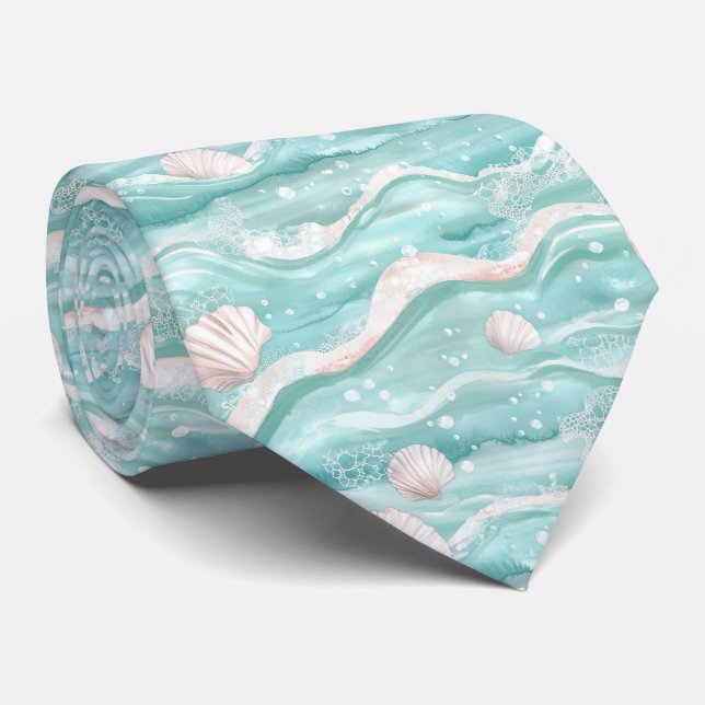 Aqua Havsvågor & Snäckmönster Slips (Rullad)