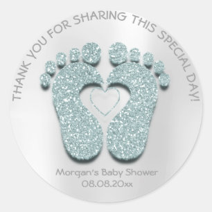 Aqua Heart Feet Baby Shower Favor Gift Tack Boy Runt Klistermärke
