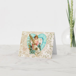 Aqua Heart Golden Cherub & Harp Bokeh Bling Helgkort