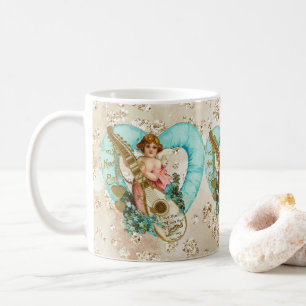 Aqua Heart Golden Cherub & Harp Bokeh Bling Kaffemugg