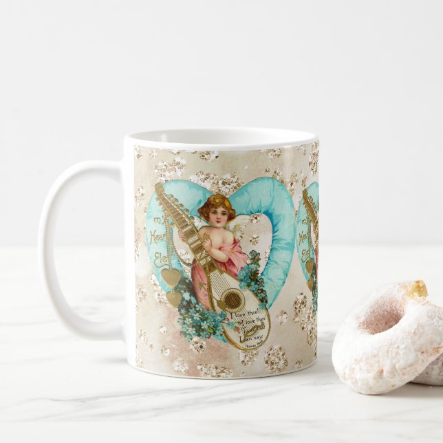 Aqua Heart Golden Cherub & Harp Bokeh Bling Kaffemugg (Med munk)