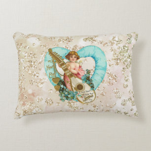 Aqua Heart Golden Cherub & Harp Bokeh Bling Prydnadskudde