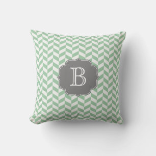 Aqua Herringbone Chevron Mönster med Monogram Kudde
