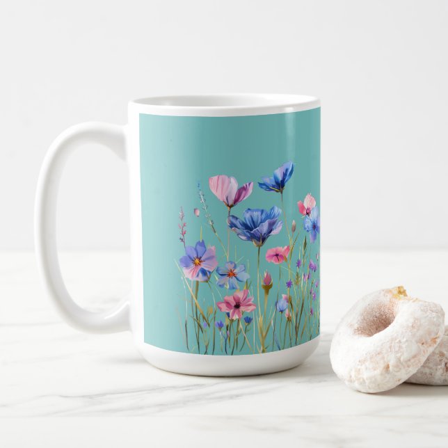 Aqua Himmel Blue med Rosa och Blå Wildblommor Kaffemugg (Med munk)