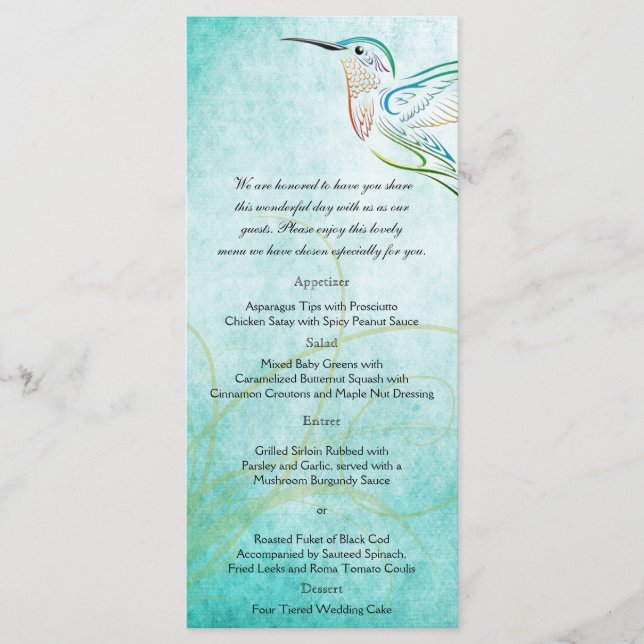 Aqua Hummingbird Watercolor Bröllop Menu Meny (Framsida)