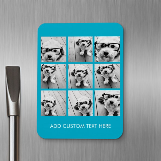 Aqua Instagram Photo Collage med 9 kvadratfoton Magnet (Personalized fridge magnet - add photos and custom text)