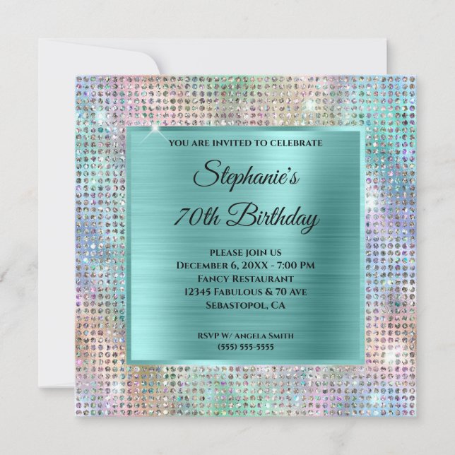 Aqua Iridescent Diamond Studed Foil 70th Birthday Inbjudningar (Framsida)