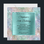 Aqua Iridescent Diamond Studed Foil 70th Birthday Inbjudningar<br><div class="desc">Skapa din egen inbjudan till din bästa vän till finare-snyggten om att fira födelsedagskalender. Övertäckningen har en fyrkantig akvablått borstad metall för information om inbjudan. Du kan anpassa det svarta teckensnittet stilar, färg och storlekt. Bakgrunden har en faux glatt iridescent regnbåge färgad diamant glitter som studerade lyxmodern foil digital art...</div>