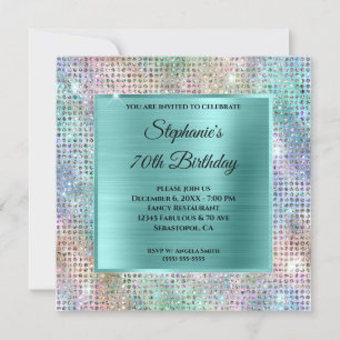 Aqua Iridescent Diamond Studed Foil 70th Birthday Inbjudningar