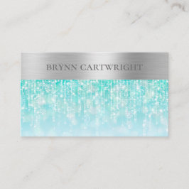 Aqua Iridescent Gnistra Bokeh med Brushed Silver Visitkort