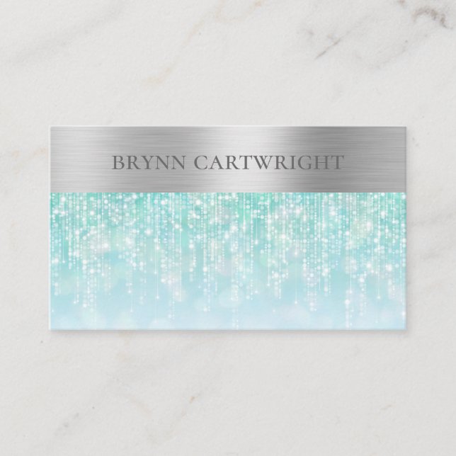 Aqua Iridescent Gnistra Bokeh med Brushed Silver Visitkort (Framsida)