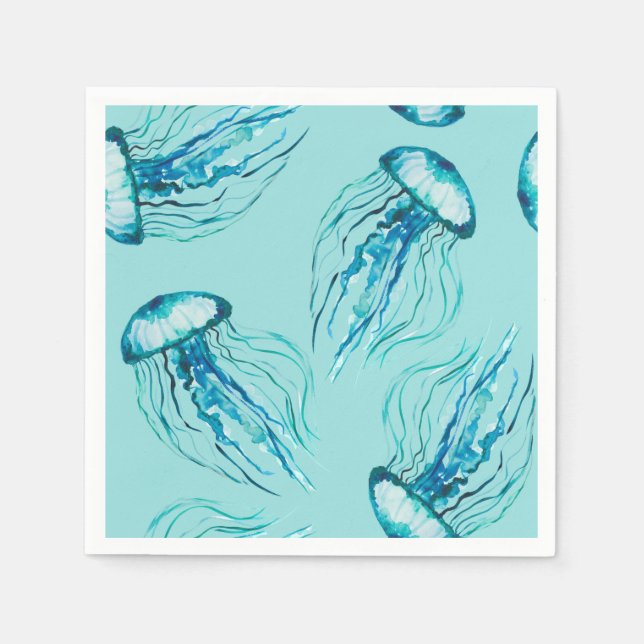 Aqua Jellyfish Watercolor Mönster Pappersservett (Framsidan)