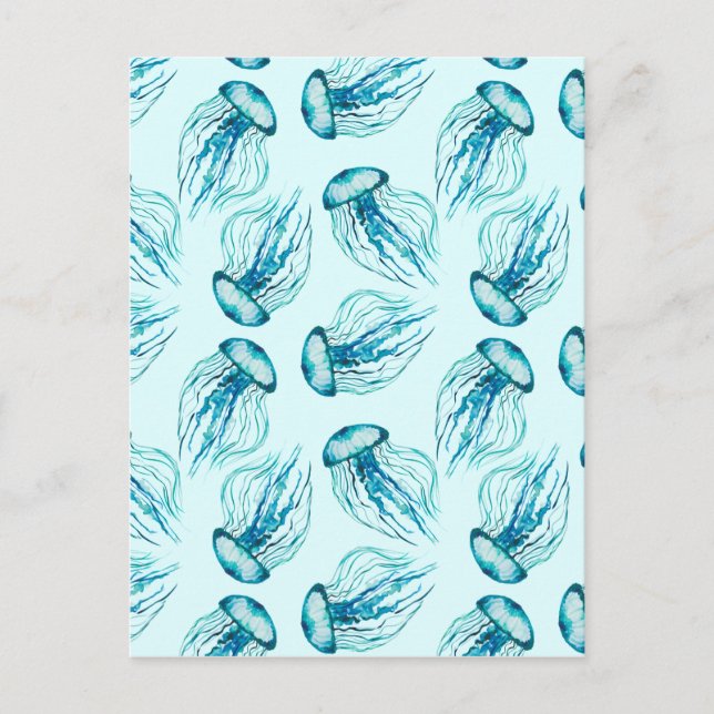 Aqua Jellyfish Watercolor Mönster Vykort (Framsida)