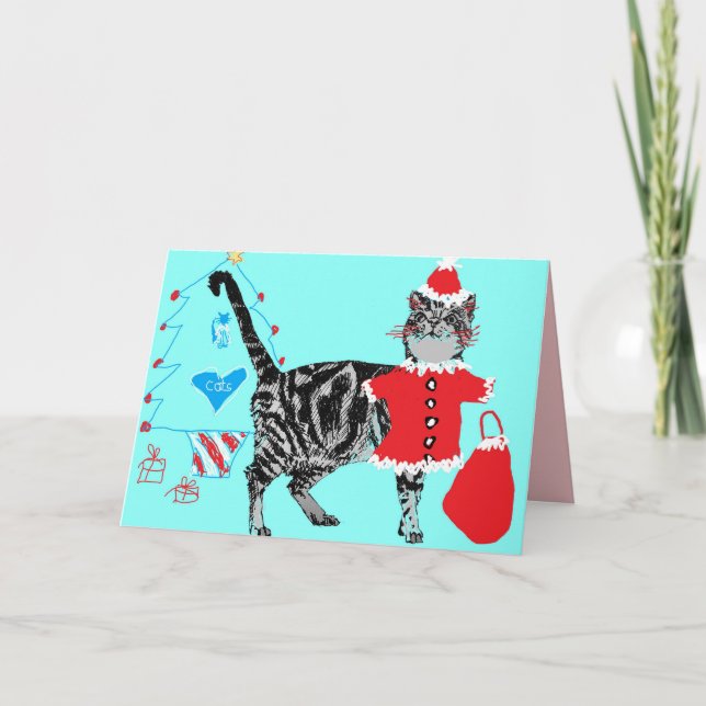 Aqua, jultomten Tassar Stripy Tabby katt Card Kort (Framsida)