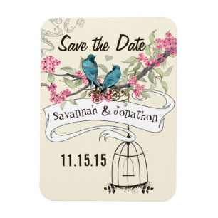 Aqua Kärlek Fåglar Rosa Körsbärsblom Save the Date Magnet