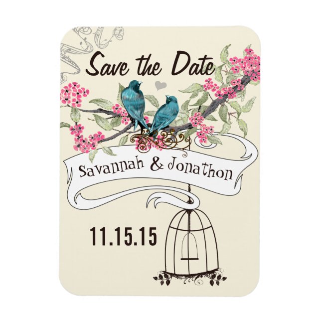 Aqua Kärlek Fåglar Rosa Körsbärsblom Save the Date Magnet (Vertikal)
