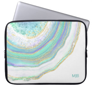 Aqua Lila Agate Marble Mönster och Monogram Laptop Fodral