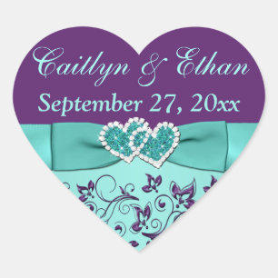Aqua, Lila Blommigt, Hearts Wedding Favor Sticker Hjärtformat Klistermärke
