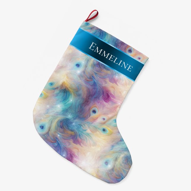 Aqua Lila Blommigt Peacock Feathers Jul Stor Julstrumpa (Framsidan (Hängande))