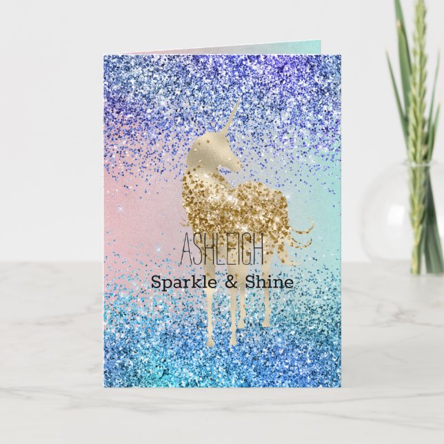 Aqua Lila Glitter Gnistra Guld Unicorn Kort (Framsida)
