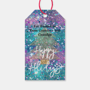 Aqua Lila Guld Glitter Träd Presentetikett