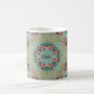 Aqua Lila Rosa Blommigt Faux Lampas Brocade Kaffemugg