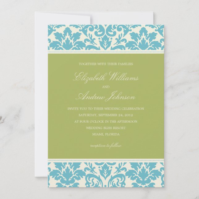 AQUA & LIME DAMASK| VEDSÄTTNING INBJUDNINGAR (Framsida)