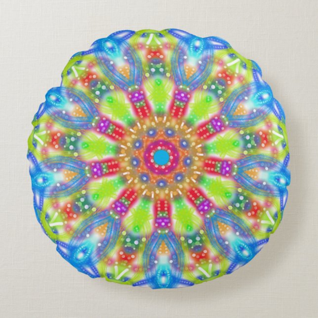 Aqua Lime Mandala Boho Reversible Rund Kudde (Framsidan)