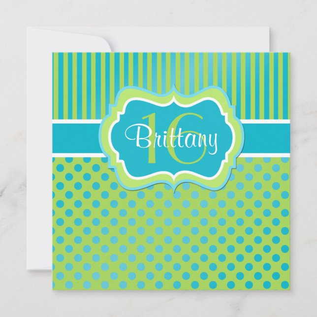 Aqua limefruktPolka pricker sextonde Inbjudningar (Framsida)