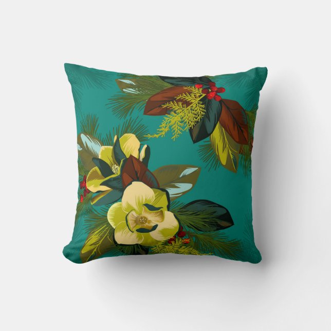 Aqua Magnolia Blommigt Skriv ut Winter Dekorativ k Kudde (Framsida)