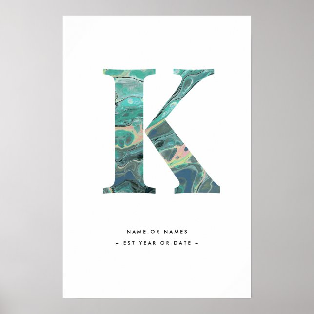 Aqua Marble Brev K Initial w/Personalization Art Poster (Framsidan)