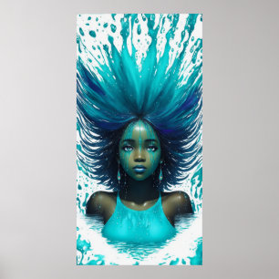 Aqua Marine Teal Vatten Fantasy African Girl Poster