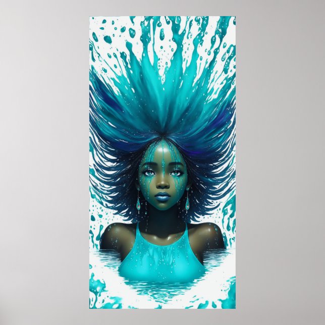 Aqua Marine Teal Vatten Fantasy African Girl Poster (Framsidan)