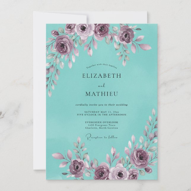 Aqua Mauve Peony Bröllop Inbjudningar (Framsida)