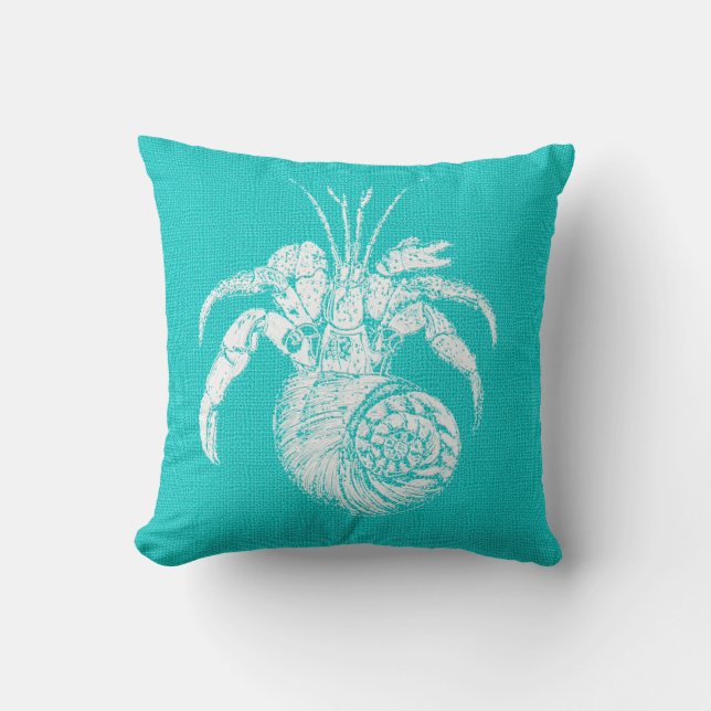 Aqua med White Hermit Crab Burlap-utseende Kudde (Framsida)