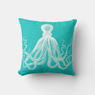 Aqua med White Octopus Burlap-utseende Kudde
