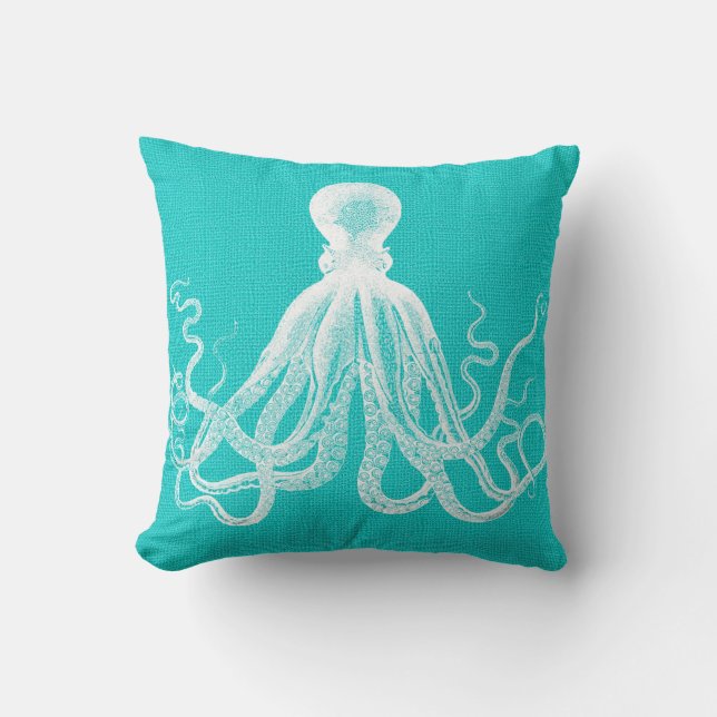 Aqua med White Octopus Burlap-utseende Kudde (Framsida)