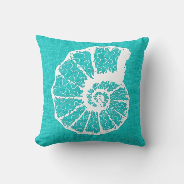 Aqua med White Spiral Seashell Burlap-utseende Kudde (Framsida)