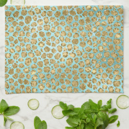 Aqua Mint Guld Glitz Glitter Leopard  Kökshandduk